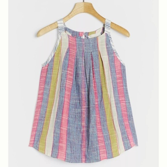 Anthropologie Krisha Striped Sleeveless Textured Cotton Blend Tank Top - Picture 1 of 10
